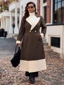 Vionelle Áo khoác dài tay dài thắt lưng màu tương phản cổ điển cỡ lớn dành cho nữ, phong cách đi làm, mùa thu/đông - Nhiều màu - Xem 5