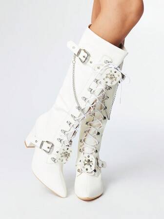 Grunge Punk Botas de tacón alto para mujer, versátiles y elegantes con punta puntiaguda, de moda, con tacón grueso de PU, para otoño/invierno