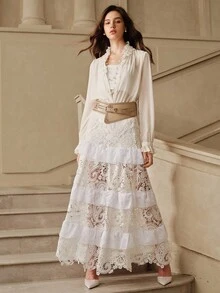 Savoree Women's Elegant Handmade Floral Collar Decorative Loose Lightweight Long Sleeve Shirt, Autumn Winter,Long Sleeve Tops