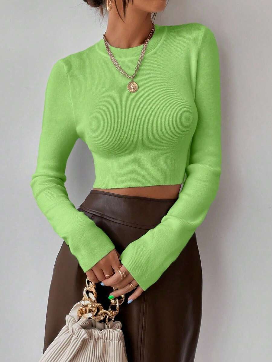 RosyDaze Women's Solid Color Round Neck Long Sleeve Cropped Fitted Pullover Sweater, Autumn - Green - View 1