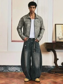 EASEVO Plus Size Men Casual Vintage Distressed Jacket - Grey - View 5