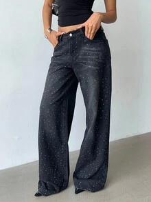 Aloruh Retro Sexy Slim Fit Washed Rhinestone Embellished Wide Leg Jeans Jeans Glittersparkle Jeansrhinestone Jeans, Fall Women Clothes - Black - View 4