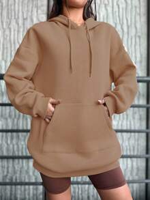 EURMUSE Cotton Pocket Drop Shoulder Drawstring Thermal Hoodie - Light Grey - View 6