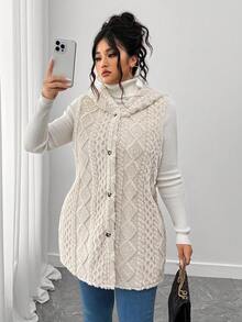 SHEIN CURVE+ Plus Size Sleeveless Hooded Coral Fleece Jacket, Autumn/Winter Fall - Apricot - View 5
