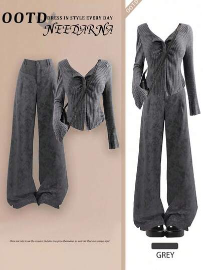 Flirla 2pcs Plus Size Floral Ribbed Long Sleeve T-Shirt And Pants Set