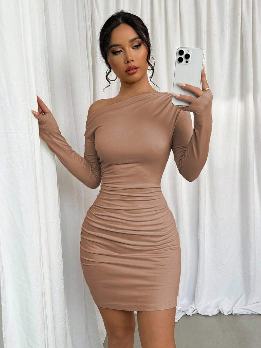 Elenzga Women's Elegant Asymmetric Ruched Fitted Mini Dress, Solid Color, Spring/Autumn Fall Cloth For Women - Brown - View 1