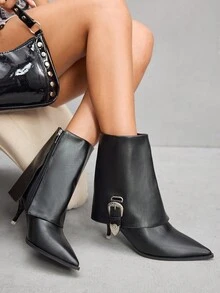 CUCCOO SZL Botas Ankle para Mulheres, Botas de Salto Alto Pontudas da Moda com Fivela de Metal, Forro com Zíper Interno, Sola Antiderrapante, Adequadas para Compras, Festas, Casamentos e Outras Ocasiões - Preto - Visão 4