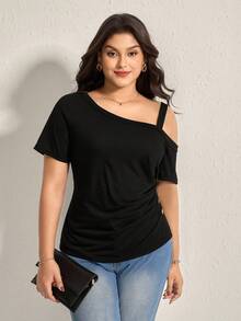 Comfylo Plus Size Summer Casual Solid Color Asymmetric Collar Ruched T-Shirt Business Casual Fall Clothes Plus Size Business Casual Fall Clothes Plus Size - Black - View 6