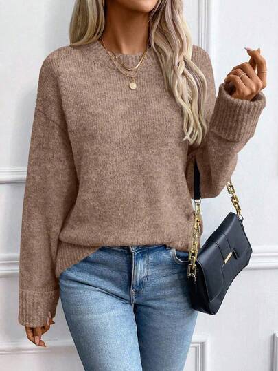 EMERY ROSE Women's Casual Loose Fit Solid Color Round Neck Drop Shoulder Long Sleeve Sweater, Autumn,Brown Sweater