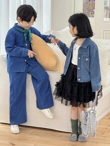 Genkimix Kids Bộ 3 món thời trang dành cho bé gái, gồm áo khoác denim dài tay, áo hai dây dệt kim và chân váy voan, thích hợp cho mùa thu đông. - Rửa trung bình - Xem 5