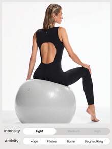 GLOWMODE 26'' FeatherFit™-Air Sweat-Wicking Quick-Dry Flow And Go Tummy Control Cutout Back Square Neck Back Athletic Workout Romper Bodyduit With Side Pockets Non-Slip Grips Low Impact Yoga Pilates Studio Daily Casual Wear - Black - View 8