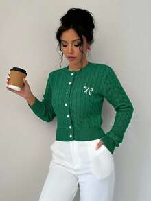 EURMUSE Women's Autumn Cable Knit Long Sleeve Bow Embroidery Cardigan - Green - View 5