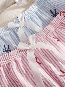 SHEIN Bộ 2 quần sọc hồng xanh họa tiết trái tim và nơ cho nữ, trang phục thu đông - Nhiều màu - Xem 5