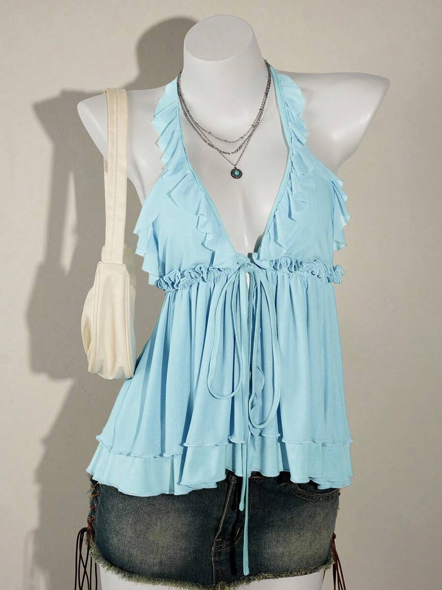 SHEIN ICON Áo hai dây cổ yếm đơn giản màu đen trơn viền bèo nhún - Màu xanh nhạt - Xem 1