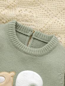 浅绿色婴幼儿可爱松鼠刺绣连体衣，圆领长袖休闲风格 - 橄欖綠 - 查看 4