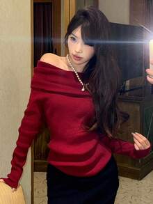 DAZY 柔软复古露肩设计修身毛衣，适合圣诞节和新年女士穿着 - 酒紅色 - 查看 8