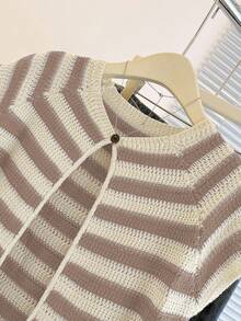 Franclia 全新独特条纹圆领开衫，百搭修身设计，适合女性 - 卡其色 - 查看 4