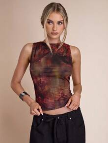 SHEIN BAE Áo ôm sát không tay in họa tiết trừu tượng - Nhiều màu - Xem 3