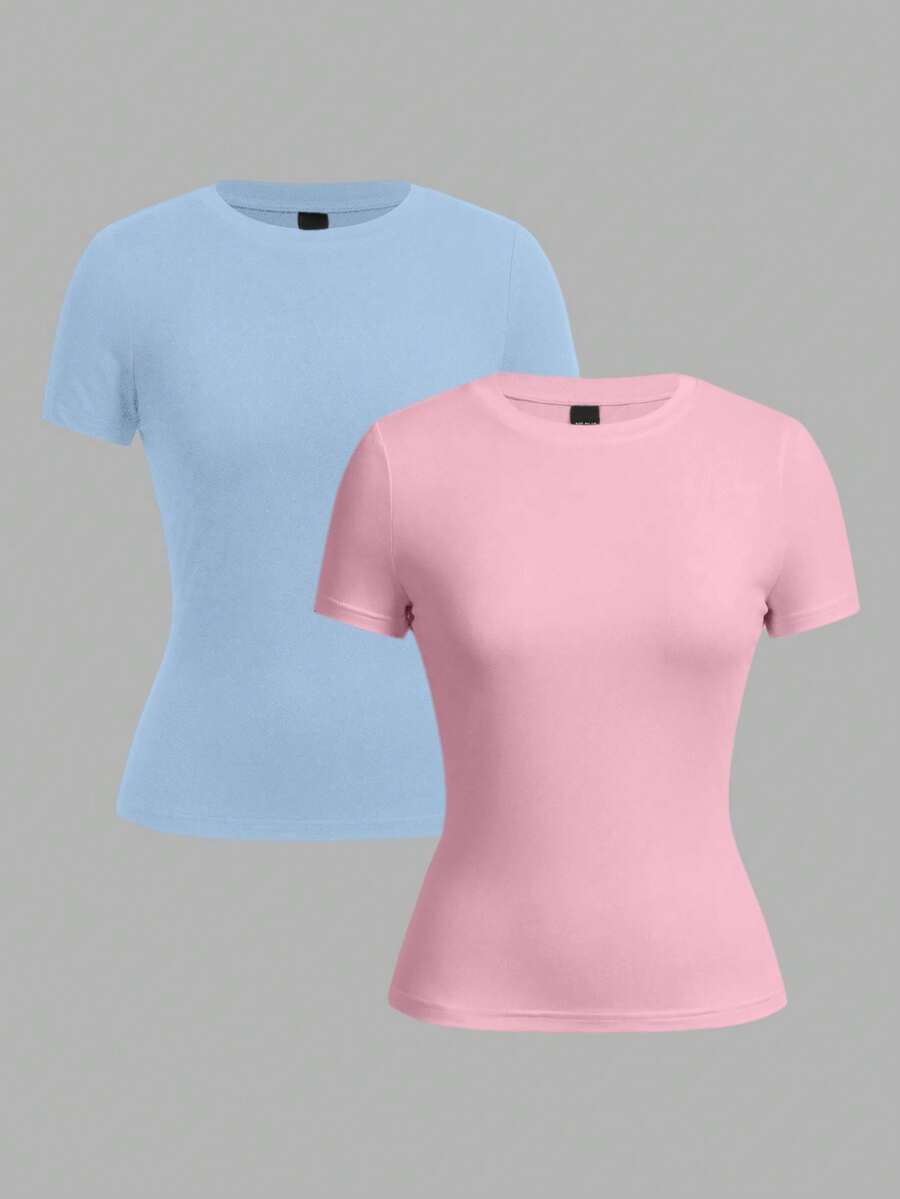SHEIN EZwear 2 件套休闲简约粉色和蓝色基本款圆领短袖汗衫，适合春夏季 - 彩色 - 查看 1