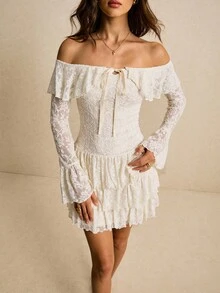 Poéselle Ivory Off-Shoulder Lace Mini Dress With Flared Sleeves & Tiered Ruffle Skirt – Romantic Bridal Shower Look,White Lace Mini Dress, Off Shoulder Ruffle Dress,Bridal Shower Outfit, Romantic Boho Dress, Tiered Mini Dress, Cottagecore Fashion, Engagement Party Dress,Feminine Date Night Style,Women's Elegant Solid Color Lace Off Shoulder Ruffle Flare Sleeve Mini Dress