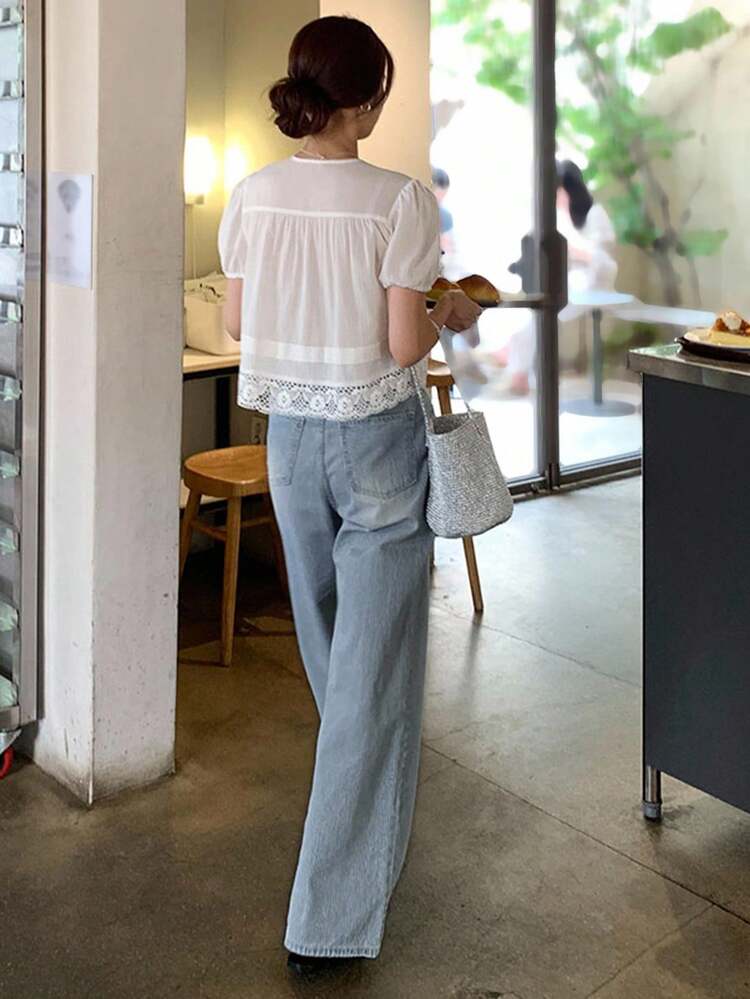 Striped Drawstring Wide Leg Straight Jeans, Versatile & Loose