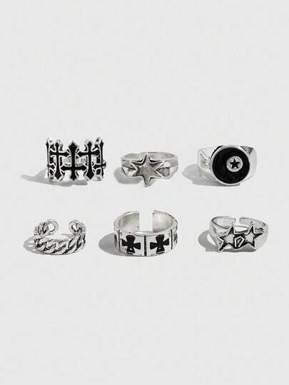 ROMWE Goth 6 件可调节朋克星形戒指，情侣戒指，节日礼物