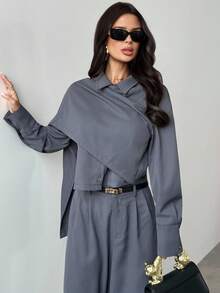 Firerie Women's Elegant Minimalist Urban Chic Charcoal Gray 2-Piece Set,Autumn Scarf Collar 2 In 1 Long Sleeve Shirt And High Waist Pants,Office Fall Outfits - Grey - View 9