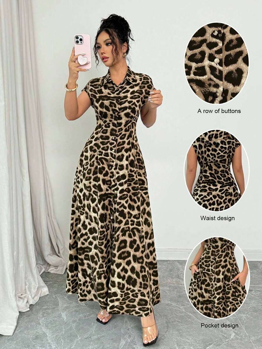 Rafferiza Women's Elegant Leopard Print Collared Short Sleeve Button Down Waist Dress Long Leopard Dress Women Leopard Dress Casual Leopard Print Dress Leopard Print Dress Animal Print Maxi Dress
