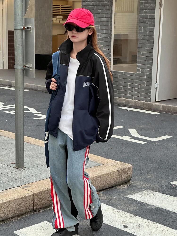 Teens/Youth Girls Casual Striped Jacket, Loose Fit Letter Print Streetwear Outerwear, Autumn