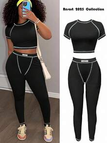 Slaydiva 2025 春夏新款休闲街头百搭运动基础修身绿色圆领短袖短款T恤和撞色腰裤女两件套，适合音乐节、复活节、西部游牧风格、乡村风格、婚礼嘉宾、日常旅行、毕业季、派对聚会、俱乐部、运动健身、瑜伽 - B - 黑色 - 查看 8