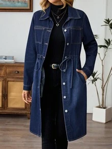 EMERY ROSE Women's Casual Drawstring Waist Denim Coat Fall Winter - Dark Wash - View 3