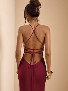 SHEIN BAE 杏色和白色深V领细肩带超长露背系带缎面鱼尾裙，优雅连衣裙，度假连衣裙，伴娘裙，生日派对连衣裙，毕业礼服，白色连衣裙 - 酒紅色 - 查看 8