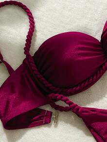 Swim Mod 2 件套夏季度假纯色细肩带扭绳装饰钢圈文胸和比基尼泳装套装，性感女士 - 酒紅色 - 查看 4