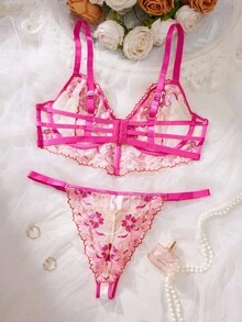 2件套加大码女士花卉刺绣网眼性感文胸和内裤套装 - 玫紅色 - 查看 2