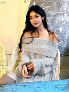 DAZY 女士宽松露肩插肩针织毛衣，灰色休闲风，冬季可爱上衣 - 灰色 - 查看 9