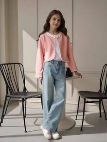 Tween Girl Short Jacket Coat, Elegant Ruffle Collar Casual Outwear Tops - Pink - View 7