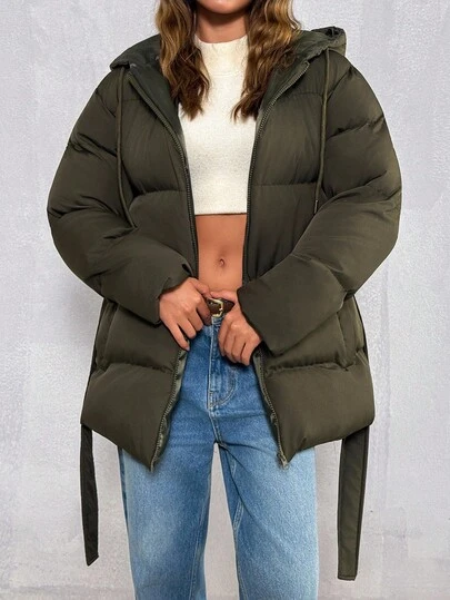 EURMUSE Khaki Puffer Winter Short Coat, Waterproof, Zipper And Belted Detailed Puffer Jacket Winter Coat Oversized Puffer Jacket Hooded Puffer Jacket Womens Puffer Coat Oversized Jacket Outerwear Women Jacket Y2k