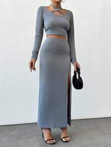 EURMUSE Women Two Pieces Cross Detailed Top And Skirt Set - Grey - View 4