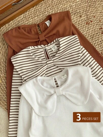LMoss Kids LMoss 3 件套年轻女孩纯色秋季个性立领休闲 T 恤套装，可爱罗纹长袖衬衫，棕色女童上衣，冬装