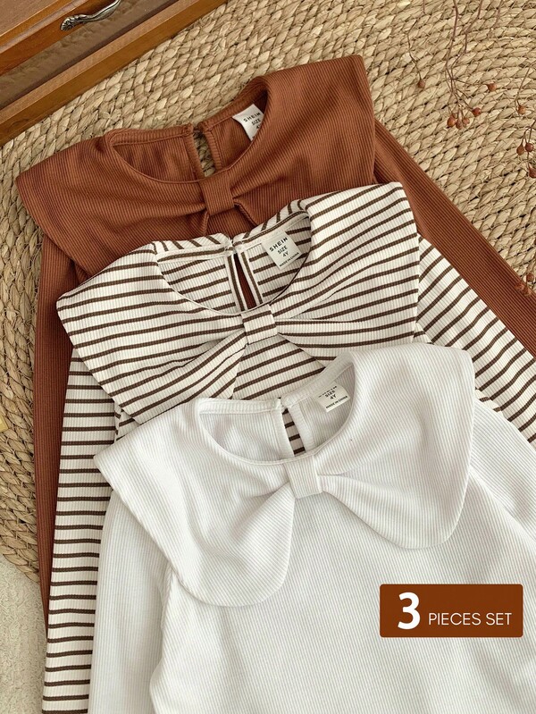 LMoss Kids LMoss 3pcs Young Girl Solid Color Fall Statement Collar Casual T-Shirt Set, Cute Ribbed Long Sleeve Shirts, Brown Tops For Girls,Winter Clothes