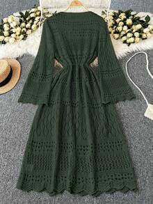DreamSkyne Plus Size Women's Solid Color Beach Resort Romantic Crochet Net Drawstring Tie Bow Cardigan Western Wear - Dark Green - View 2