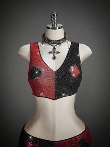 SHEIN ICON 女式万圣节红黑撞色角色扮演亮片无袖 V 领修身背心和超短裤 2 件套 - 彩色 - 查看 3