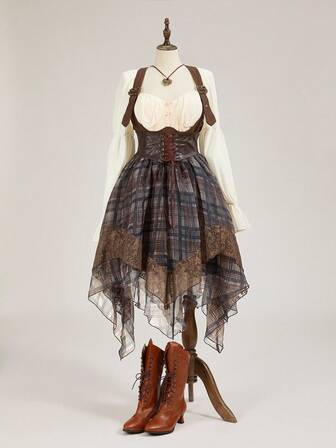 ROMWE Avant Gonna asimmetrica da donna in stile vintage medievale, romantica e vintage, in PU con contrasto in rete a quadri e bordo in pizzo