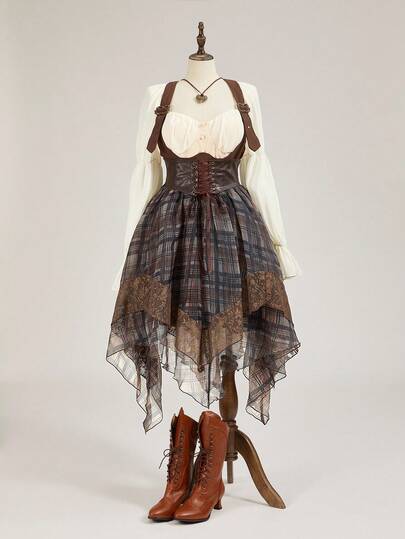 ROMWE Avant Women's Retro Medieval Palace Romantic Vintage PU Contrast Mesh Plaid Asymmetrical Hem Lace Trim Skirt