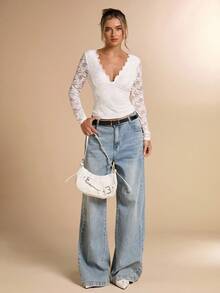 SHEIN BAE 秋冬纯白色性感蕾丝长袖露背上衣，性感露背上衣，秋季上衣，露背汗衫，外套上衣，秋季女装，老款，性感简约女式上衣，适合派对，鸡尾酒会，正式场合，生日上衣 - 白色 - 查看 4