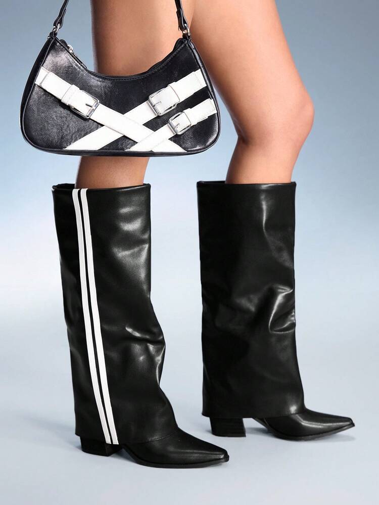 CUCCOO GRLICON ウィメンズ ポインテッドトゥ チャンキーヒール カラーブロック ニーハイブーツ、ハロウィン、クリスマス、Y2Kおよびレーシングスタイルのアウトフィットに適しています