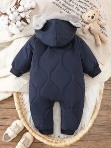 SHEIN 嬰兒/幼兒中性新生兒休閒藍色萬聖節可愛熊刺繡絎縫連帽長袖拉鍊加厚抓絨連身衣外套 秋冬款 - 藍色 - 查看 2