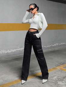 EURMUSE 100%Cotton Top-Stitching Flap Pocket Side Cargo Jeans - Black - View 5