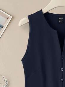 Franclia 2025年夏季新款女士无袖方领简约中长连衣裙，简约优雅修身A字型纽扣前开襟连衣裙，方领露背长裙，通勤优雅连衣裙，派对别致紫色连衣裙 - 藏蓝色 - 查看 3