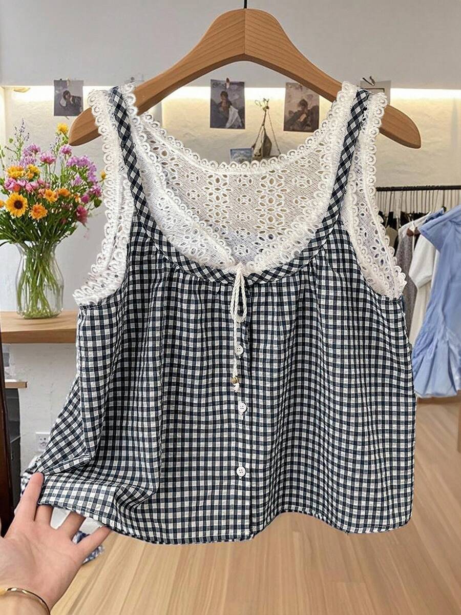 2025 Women's Fashion Plaid Print Hollow Embroidery Fashionable Top - Black and White - View 1